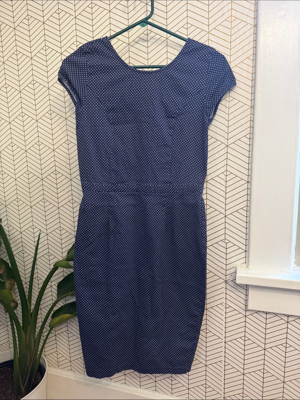 Classic Tailored Navy Polka Dot Cap Sleeve Dress with V Back